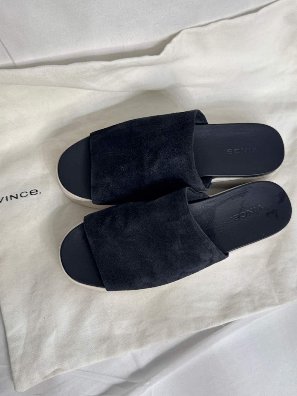 Vince Blue Suede Platform Slide Sandals with white  Sole